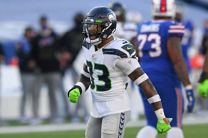 Seattle Seahawks strong safety Jamal Adams (33) reacts to his sack of Buffalo Bills quarterback Josh Allen (not pictured) during the third quarter at Bills Stadium.